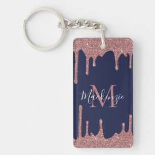 Porte-clés Rose Gold Glitter Monogram Photo Bleu Marine