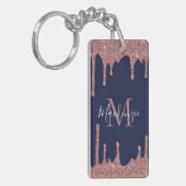 Porte-clés Rose Gold Glitter Navy Blue Monogram Photo (Devant gauche)