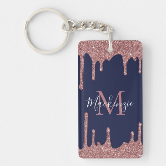 Porte-clés Rose Gold Glitter Navy Blue Monogram Photo (Devant)