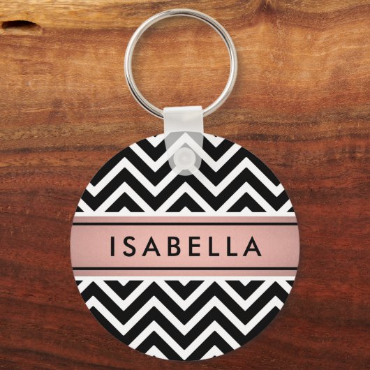 Porte-clés Rose Gold rose fausse rose et noir motif chevron (Verso)