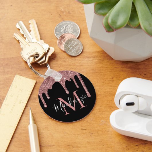 Porte-clés Rose Noire Pailletée Monogramme Gouttes de Luxe (Bureau)