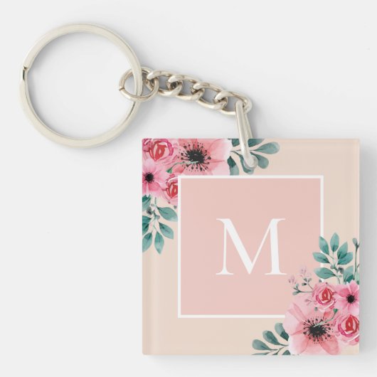 Porte-clés Rose pâle | Monogramme photo florale (Devant)
