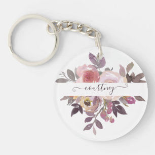 Porte-clés Rose pastel et floral personnalisé violet