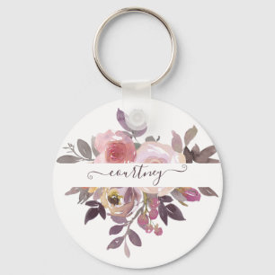 Porte-clés Rose pastel et floral personnalisé violet