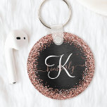 Porte-clés Rose personnalisé Parties scintillant or noir Étin<br><div class="desc">Personnalisez facilement ce design porte - clé élégant et branché avec une jolie parties scintillant brillante en or rose sur un arrière - plan métallique brossé noir.</div>