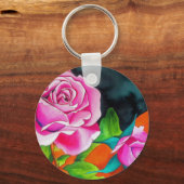 Porte-clés Rose rose avec art aquarelle orange (Recto)