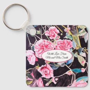 Porte-clés Rose rose eau-forte chou mariage vintage