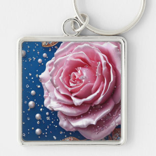 Porte-clés Rose Rose Élégante avec Perles et Cristaux