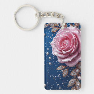 Porte-clés Rose Rose Élégante avec Perles et Cristaux