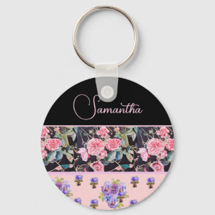 Porte-clés Rose rose pink aquarelle vintage personnalisable