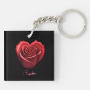 Porte-clés Rose rouge en forme de coeur -