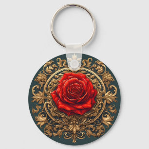 Porte-clés Rose rouge Orné Avec Cadre Baroque Or