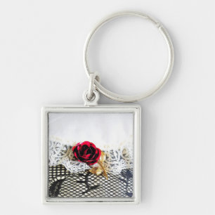 Porte-clés Rose rouge romantique et dentelle blanche