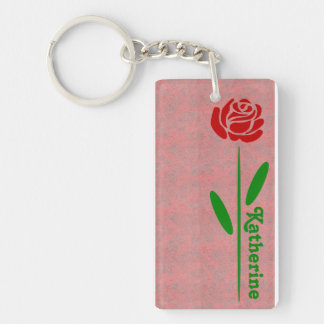Porte-clés Rose rouge unique Tige verte Feuilles Personnalise