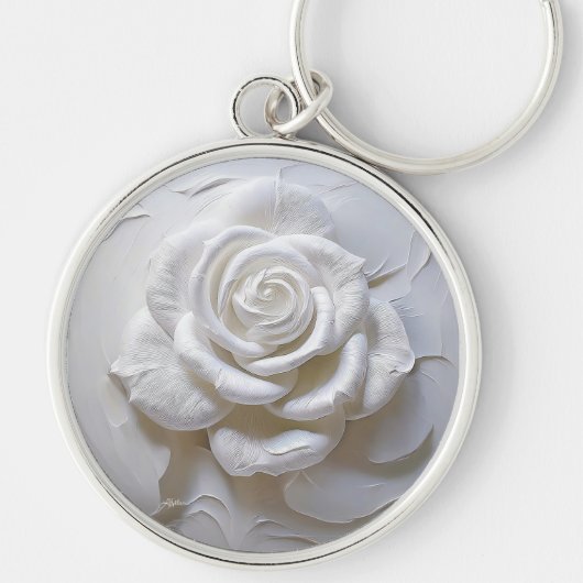 Porte-clés Rose Sculptée - Blanc sur Blanc (Devant)