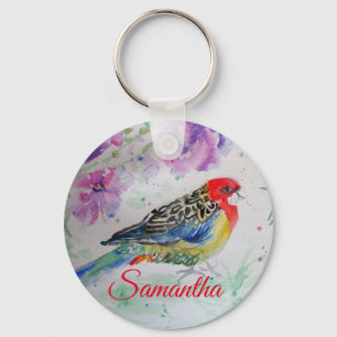 Porte-clés Rosella Parrot Oiseau Aquarelle Filles Nom Cercle 