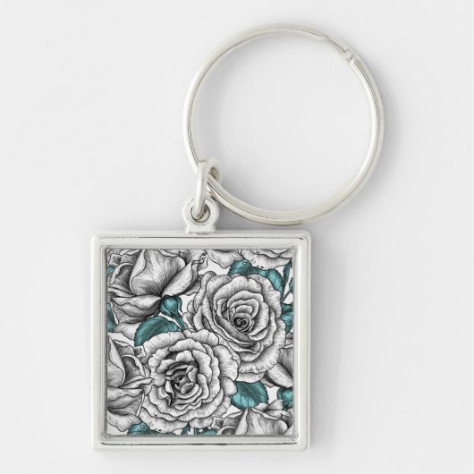 Porte-clés Roses blanches avec feuilles bleus (Devant)
