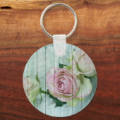Porte-clés Roses Chic Rose Shabby Sur Bois Bleu (Recto)