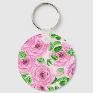 Porte-clés Roses d'aquarelle rose avec feuilles et bourgeons 