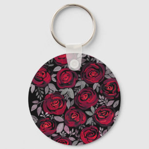 Porte-clés Roses d'aquarelle, roses rouges sur noir