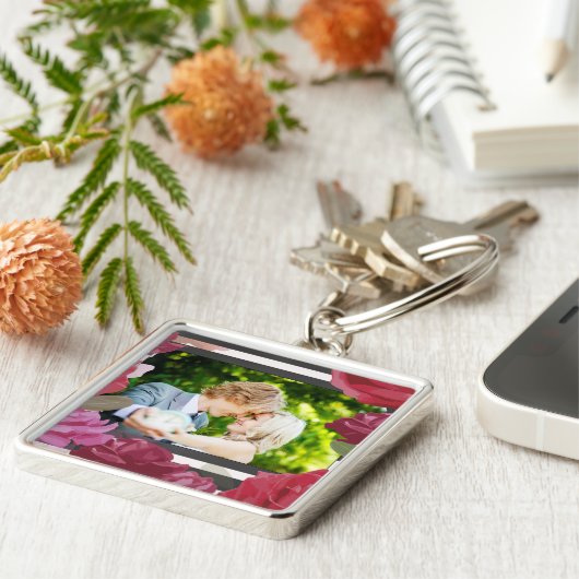 Porte-clés Roses de l'anniversaire du mariage, bandes, photo  (Côté)
