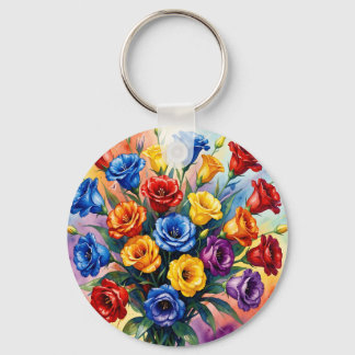 Porte-clés Roses multicolores vibrantes Lisianthus Aquarelle