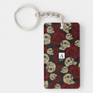 Porte-clés Roses Rouges & Crânes Floral Gothique Gris Noir