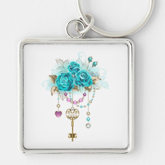 Porte-clés Roses turquoise avec touches (Devant)