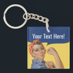 Porte-clés Rosie Les Porte - clés Du Riveter | Texte personna<br><div class="desc">Classic "We can do it" Custom Rosie Le Riveter deuxième guerre broche de bouton de propagande avec texte personnalisé. Créez votre propre design en ajoutant votre nom, slogan ou tout texte sur le ballon de bande dessinée vintage. Cette broche à bouton féministe Rosie Le Riveter est un cadeau d'encouragement parfait....</div>
