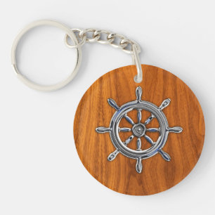 Porte-clés Roue nautique de style Chrome sur placage de teck