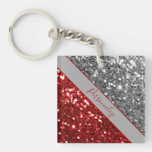 Porte-clés Rouge Élégant Paillettes Argent Personnaliser