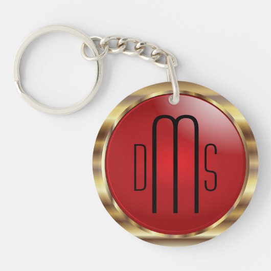 Porte-clés Rouge et Faux Or métallique avec Monogramme (Devant)