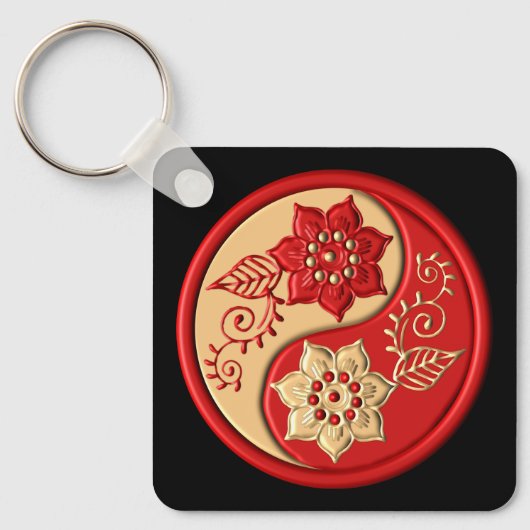 Porte-clés Rouge et Or Fleur Yin Yang (Recto)
