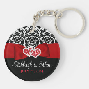 Porte-clés Rouge, Noir, Blanc Damas Amour Coeurs Mariage