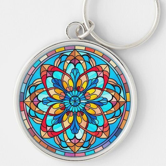 Porte-clés Rouge or bleu Mandala verre tendu (Devant)