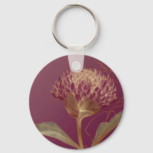 Porte-clés Rouge Profond Or Botanique Fleur Ligne de travail