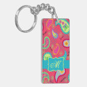 Porte-clés Rouge Turquoise moderne Paisley Motif Monogramme (Devant gauche)