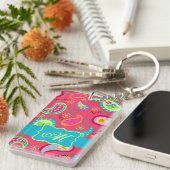 Porte-clés Rouge Turquoise moderne Paisley Motif Monogramme (Devant droit)