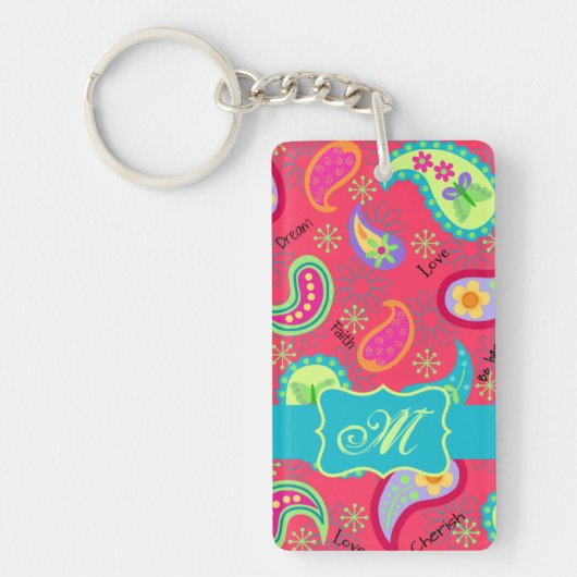 Porte-clés Rouge Turquoise moderne Paisley Motif Monogramme (Devant)