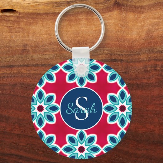 Porte-clés Rouge vif et bleu géométrique moderne personnalisé (Recto)