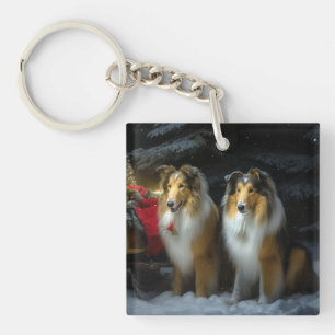 Porte-clés Rough Collie Snowy Sleigh Décor de Noël