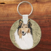 Porte-clés Rough Collie sur un arrière - plan floral Brown (Recto)