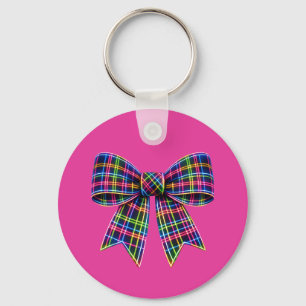 Porte-clés Ruban Tartan à Nœud Néon Rose Écossais Mignon