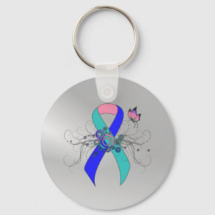 Porte-clés Ruban turquoise/rose/bleu avec papillon