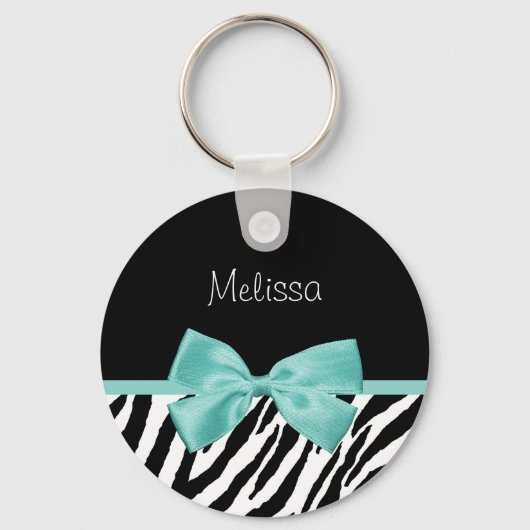 Porte-clés Ruban Zebra Print Aqua Mint avec nom (Recto)