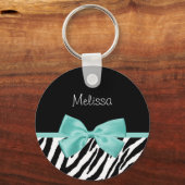 Porte-clés Ruban Zebra Print Aqua Mint avec nom (Recto)