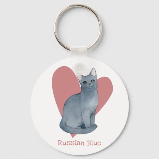 Porte-clés Russe Bleu Chat Aquarelle Kitty Coeur rose (Recto)