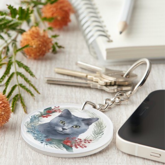 Porte-clés Russe Blue Chat Noël Wreath Festive Kitten (Devant droit)