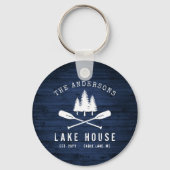 Porte-clés Rustic Lake House Oars Trees Blue Wood Print Round (Recto)