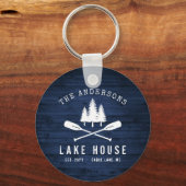 Porte-clés Rustic Lake House Oars Trees Blue Wood Print Round (Recto)